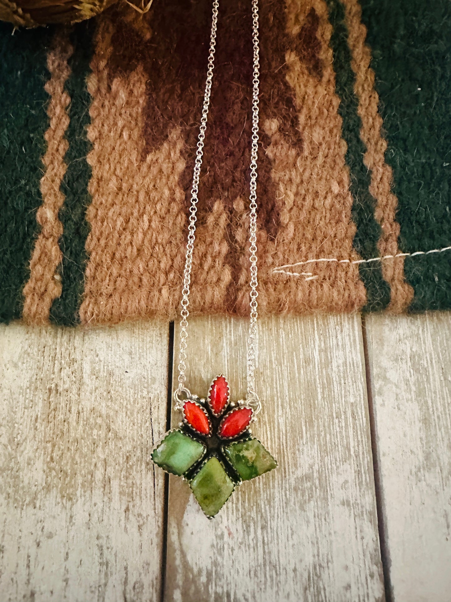 ** Christmas Collection ** Handmade Sterling Silver, Turquoise & Coral Necklace Signed Nizhoni
