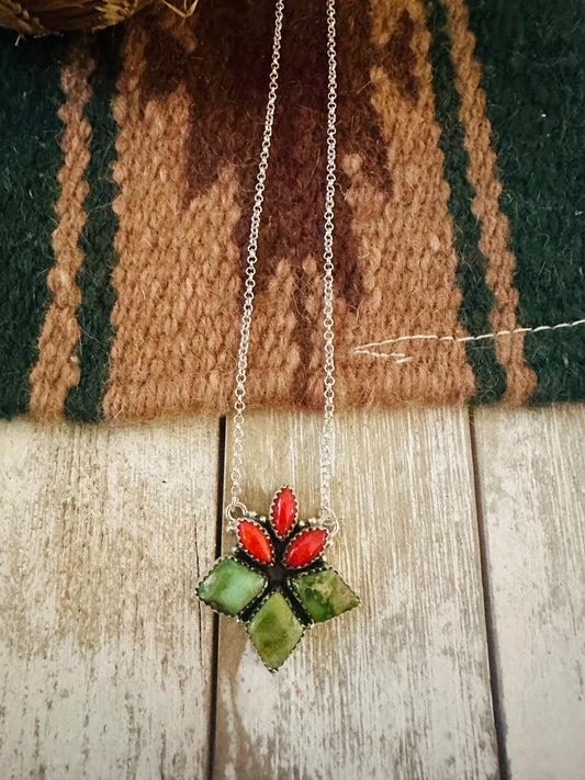 ** Christmas Collection ** Handmade Sterling Silver, Turquoise & Coral Necklace Signed Nizhoni