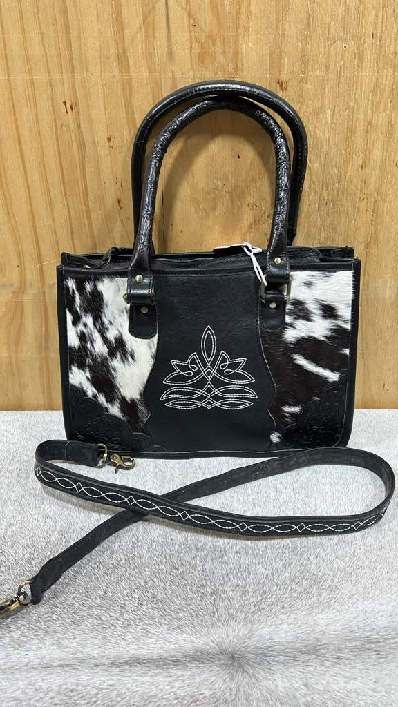 BLACK LEATHER & COWHIDE TOTE BAG
