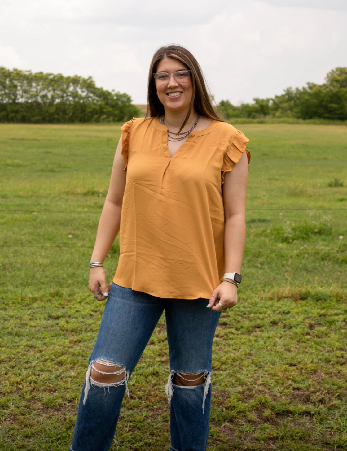 Golden Mustard - Ruffled Sleeve High Low Top