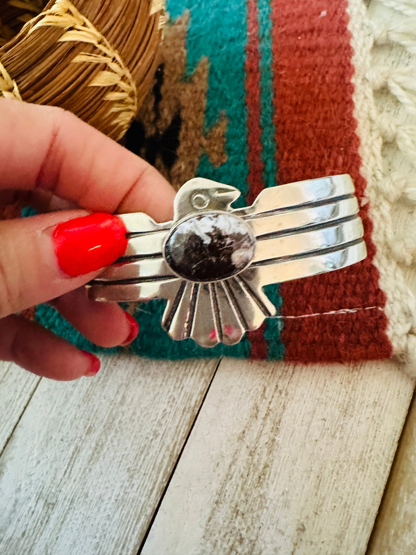 Handcrafted Wild Horse & Sterling Silver Thunderbird Cuff Bracelet
