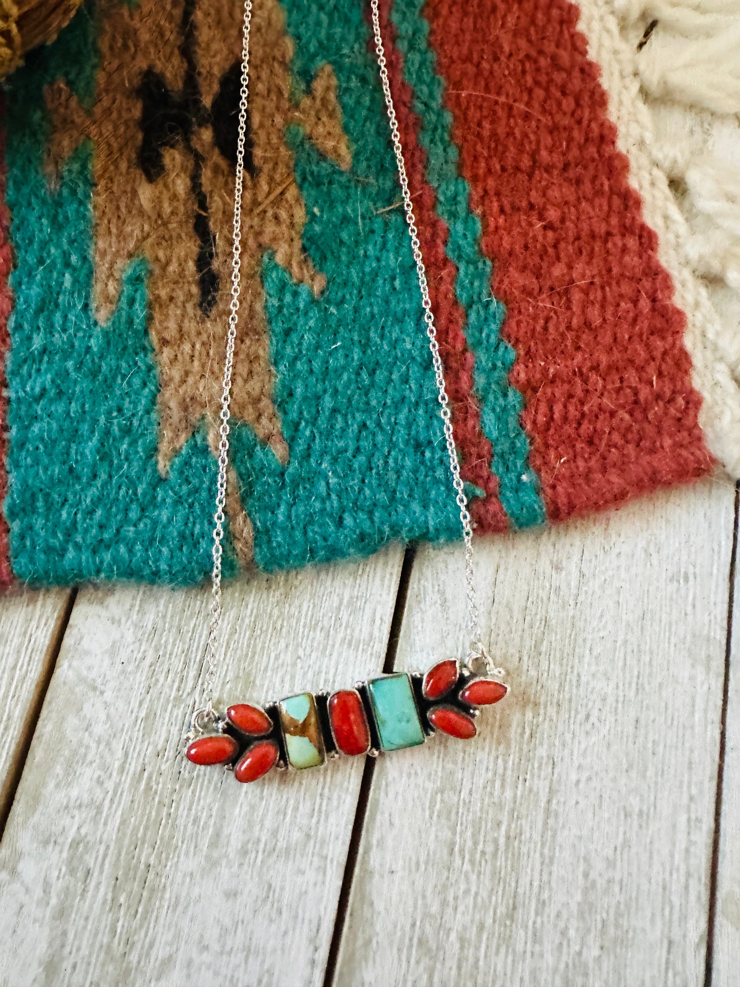 ** Christmas Collection ** Handmade Sterling Silver, Turquoise & Coral Necklace Signed Nizhoni