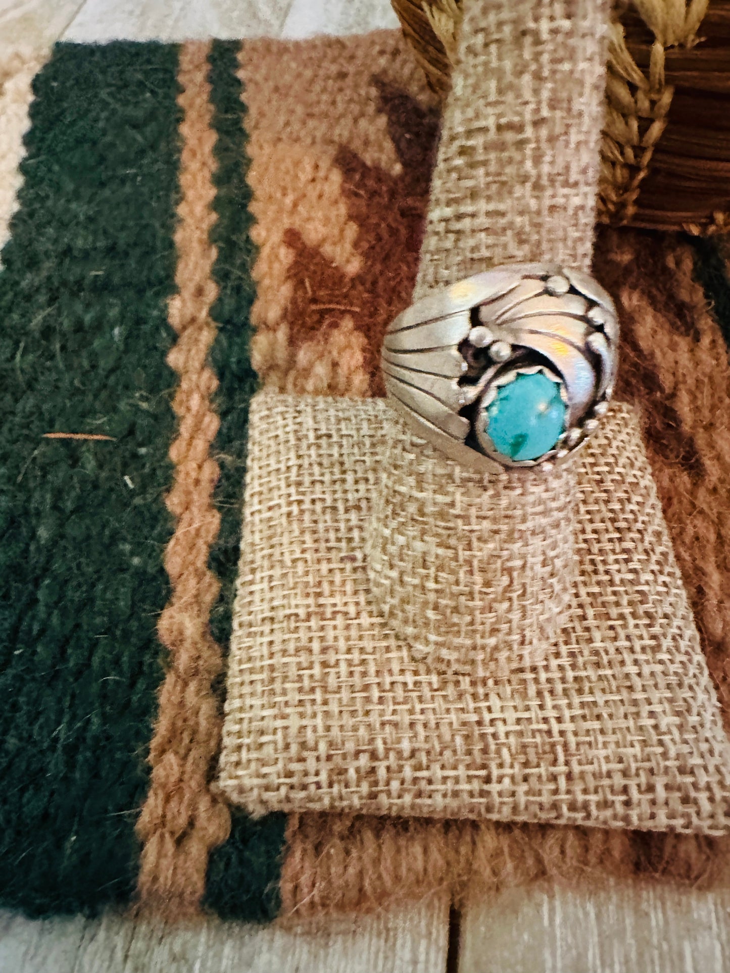 Old Pawn Handcrafted Turquoise, Coral & Sterling Silver Ring Size 5.5