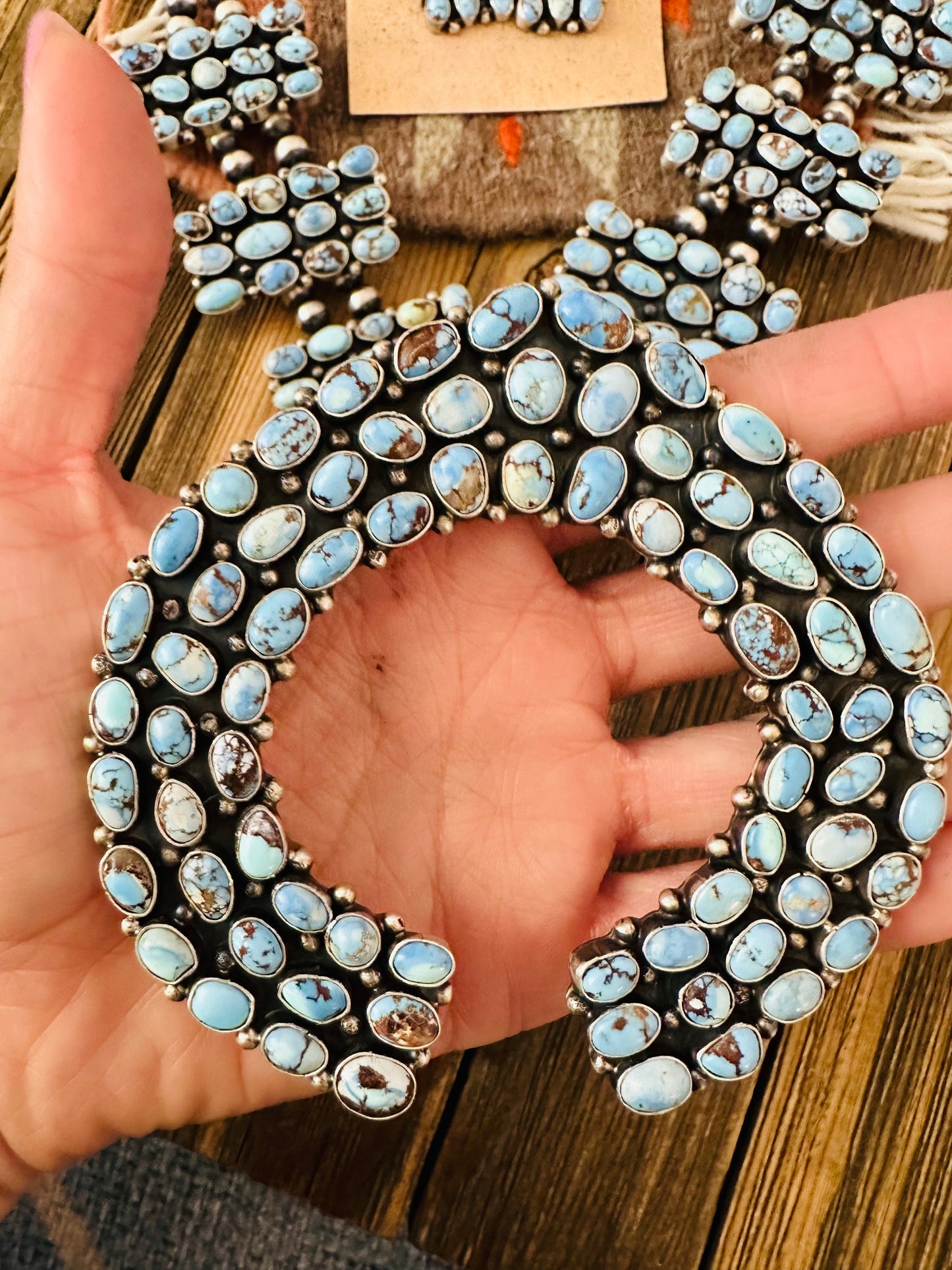 Handcrafted Golden Hills Turquoise & Sterling Silver Squash Blossom Necklace Set by B. Yellowhorse