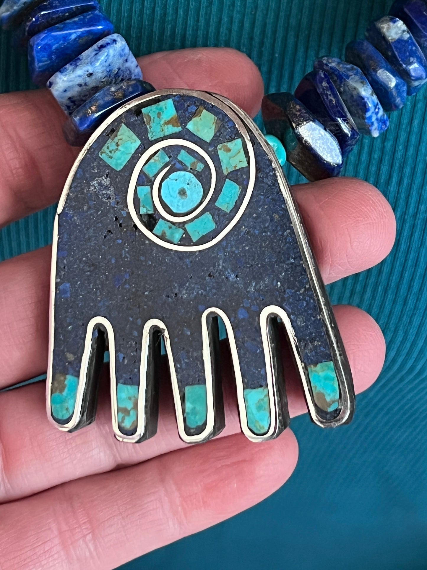 Handcrafted Multi Stone Inlay Healing Hand and Storm Cloud Necklace & Earrings by Warren Nieto