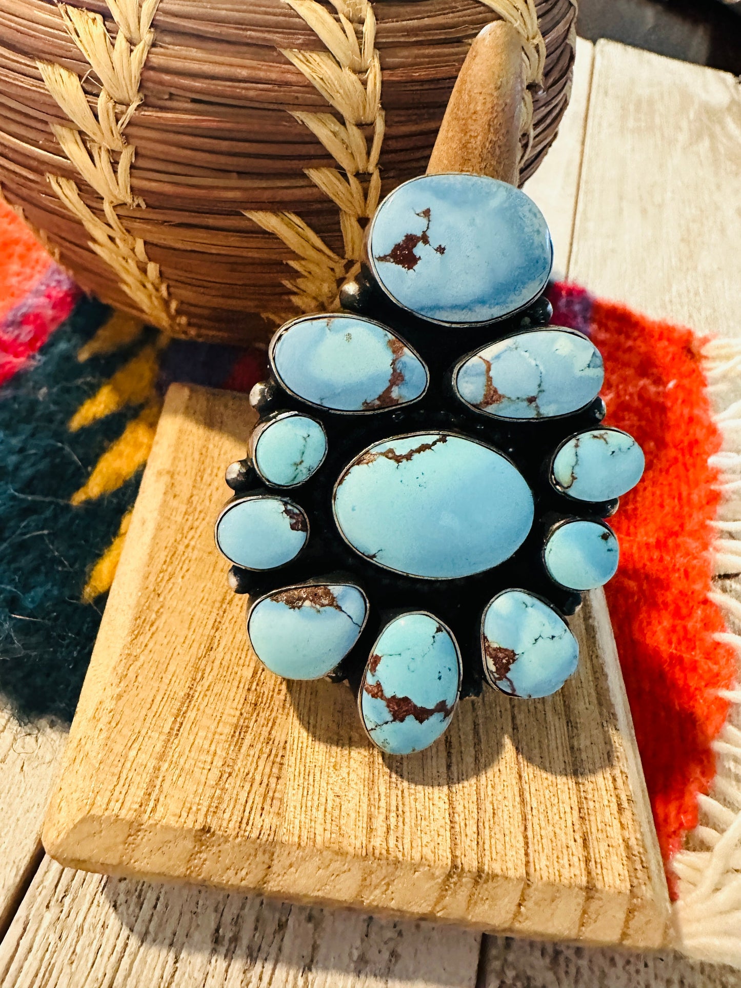 Handcrafted Golden Hills Turquoise & Sterling Silver Cluster Ring Size 8.25 by B. Yellowhorse
