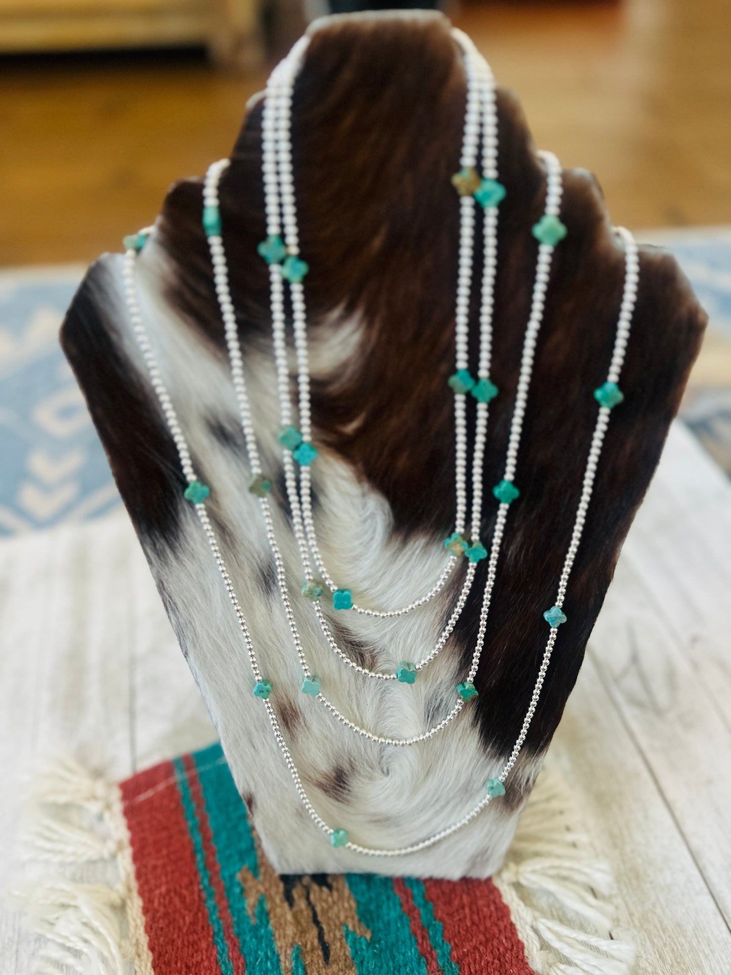 Handcrafted Sterling Silver & Turquoise Clover Cross Beaded Necklace