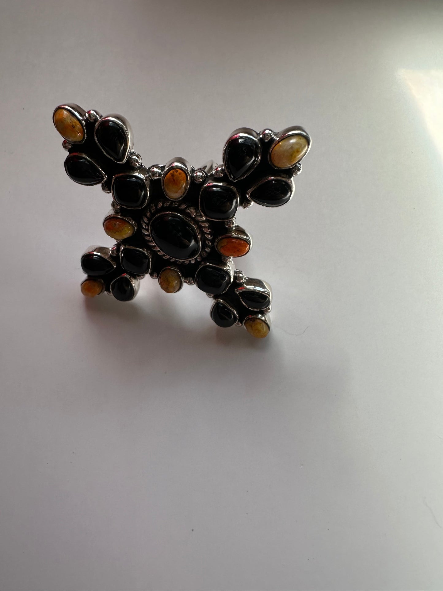 Beautiful Handmade Black Onyx, Bumble Bee & Sterling Silver Adjustable Ring Signed Nizhoni