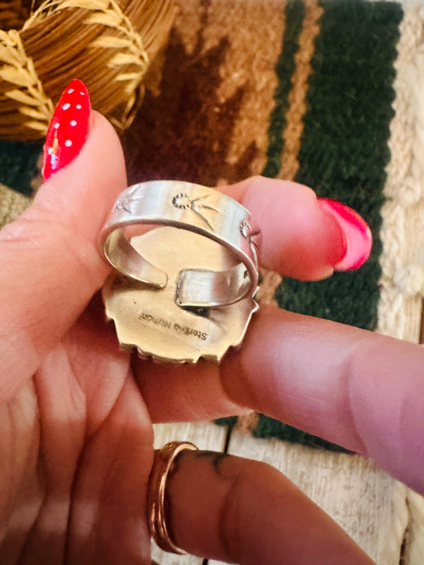 ** Christmas Collection ** Handmade Sterling Silver, Turquoise & Coral Adjustable Ring Signed Nizhoni