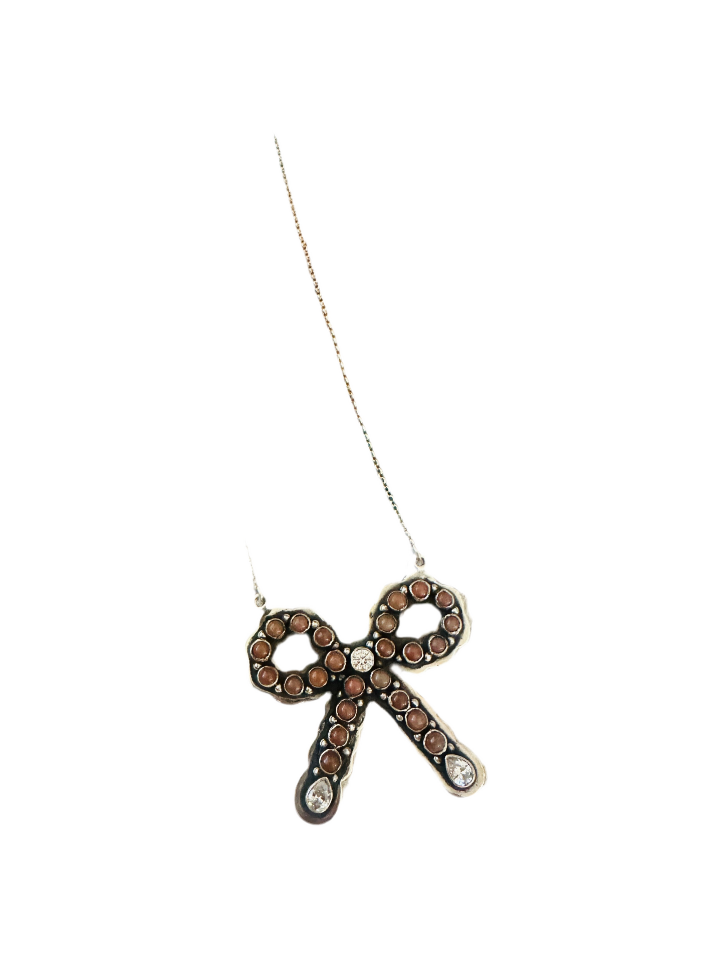 ** Christmas Collection ** Handmade Sterling Silver, Mother of Pearl & CZ Bow Necklace Signed Nizhoni