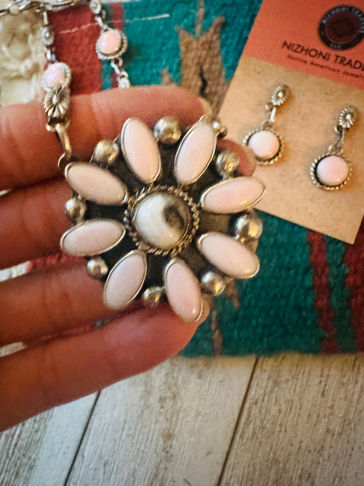 Handcrafted Queen Pink Conch, Wild Horse & Sterling Silver Necklace Set