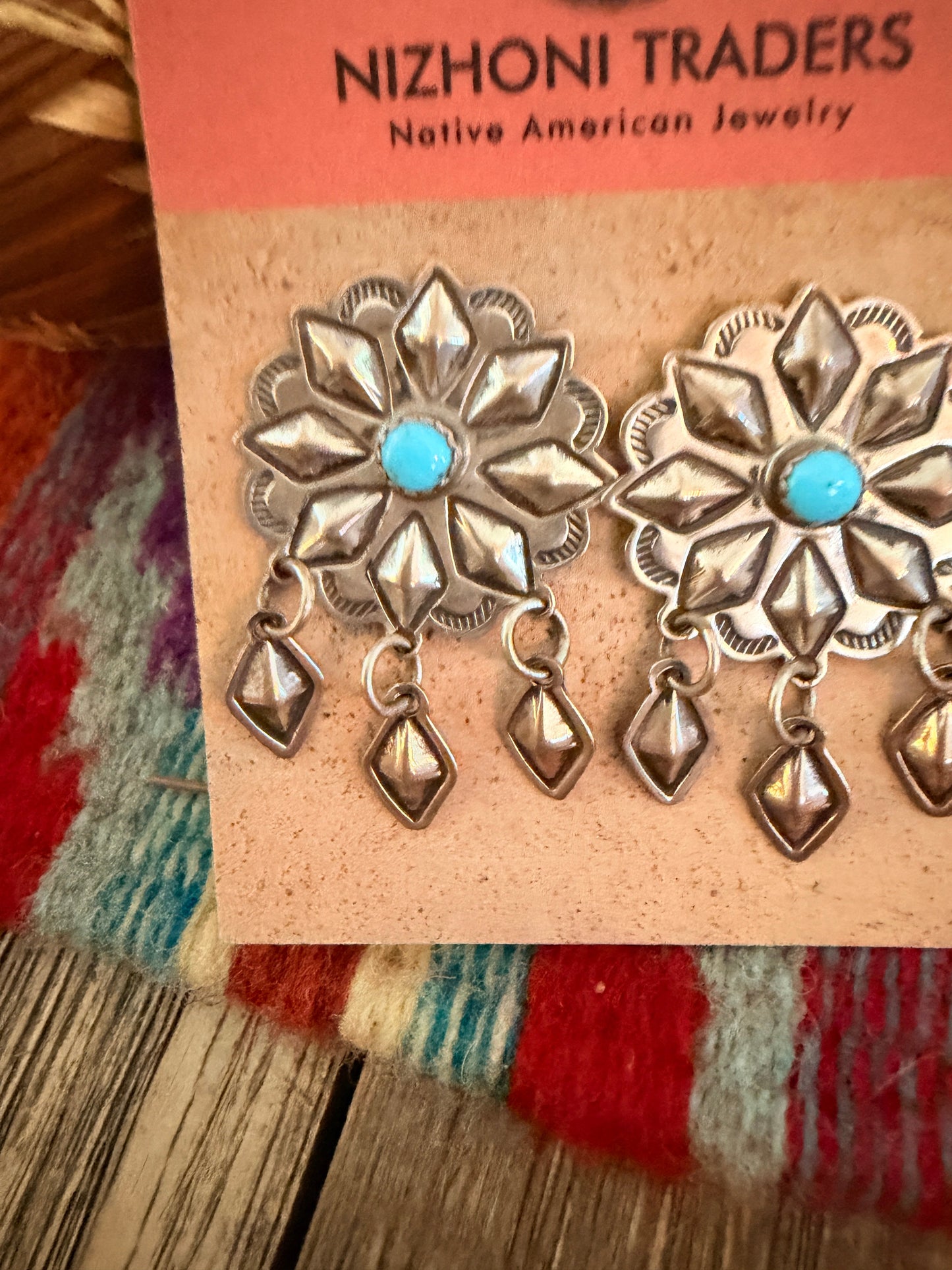Handcrafted Old Pawn Turquoise and Sterling Silver Concho Dangle Earrings