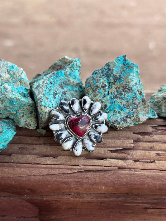 Beautiful Handmade Dahlia Rose And White Buffalo Sterling Silver Adjustable Heart  Ring