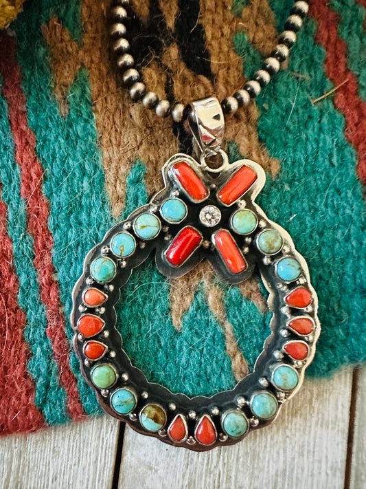 ** Christmas Collection ** Handmade Sterling Silver, Turquoise, Coral & CZ Wreath Pendant Signed Nizhoni