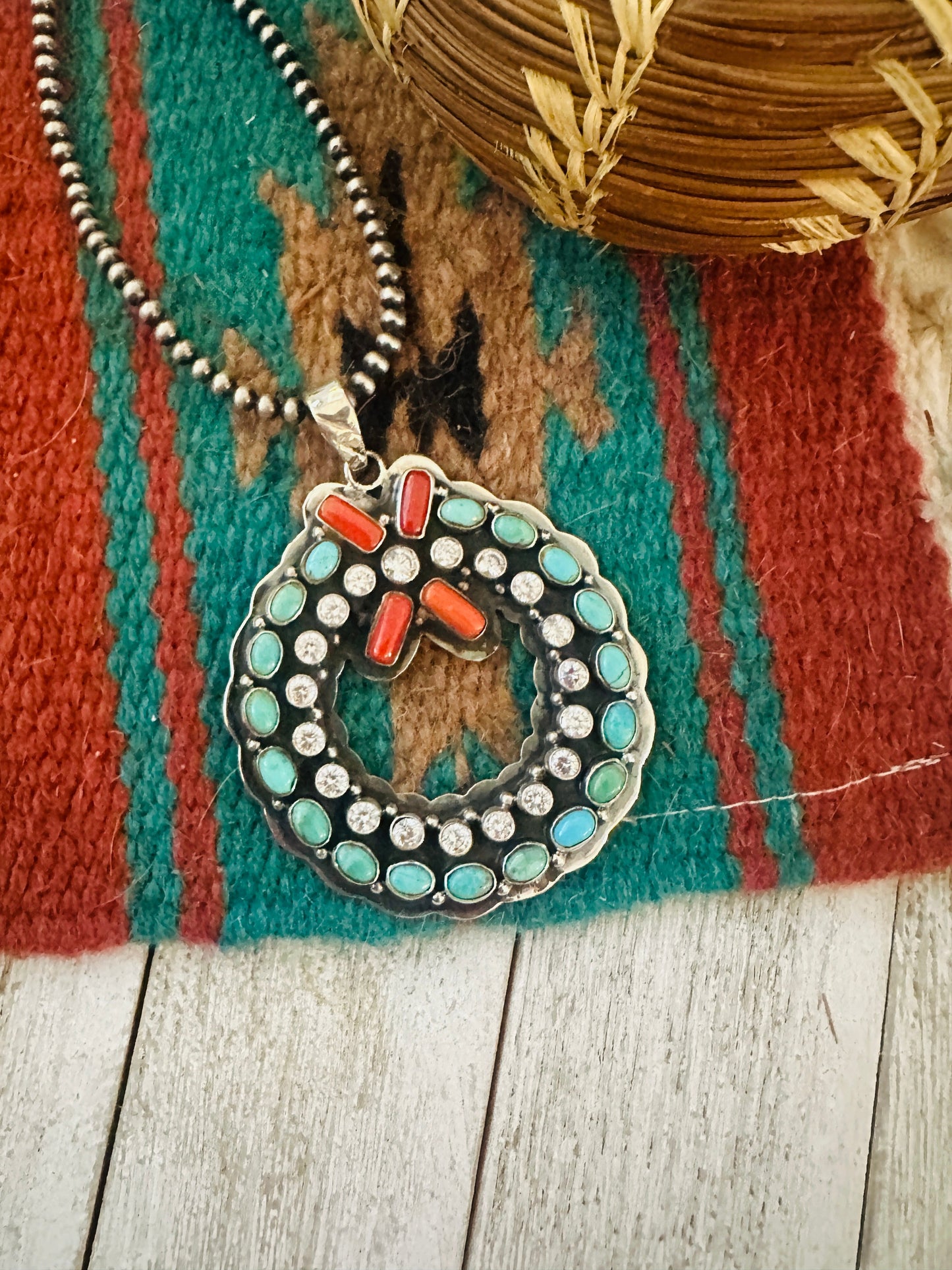 ** Christmas Collection ** Handmade Sterling Silver, Turquoise, Coral & CZ Wreath Pendant Signed Nizhoni