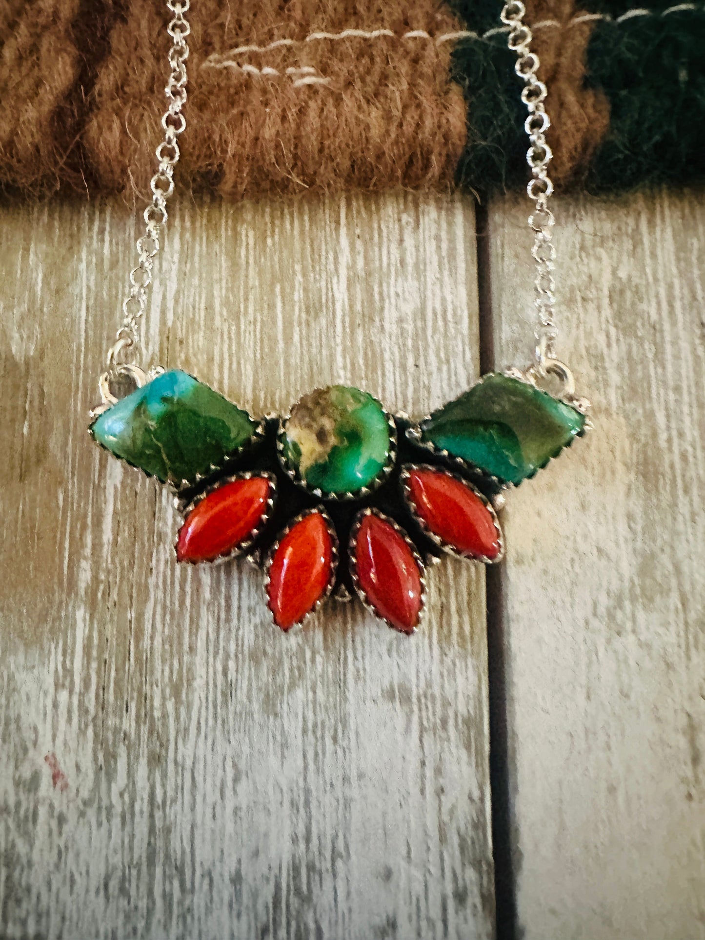 ** Christmas Collection ** Handmade Sterling Silver, Turquoise & Coral Necklace Signed Nizhoni