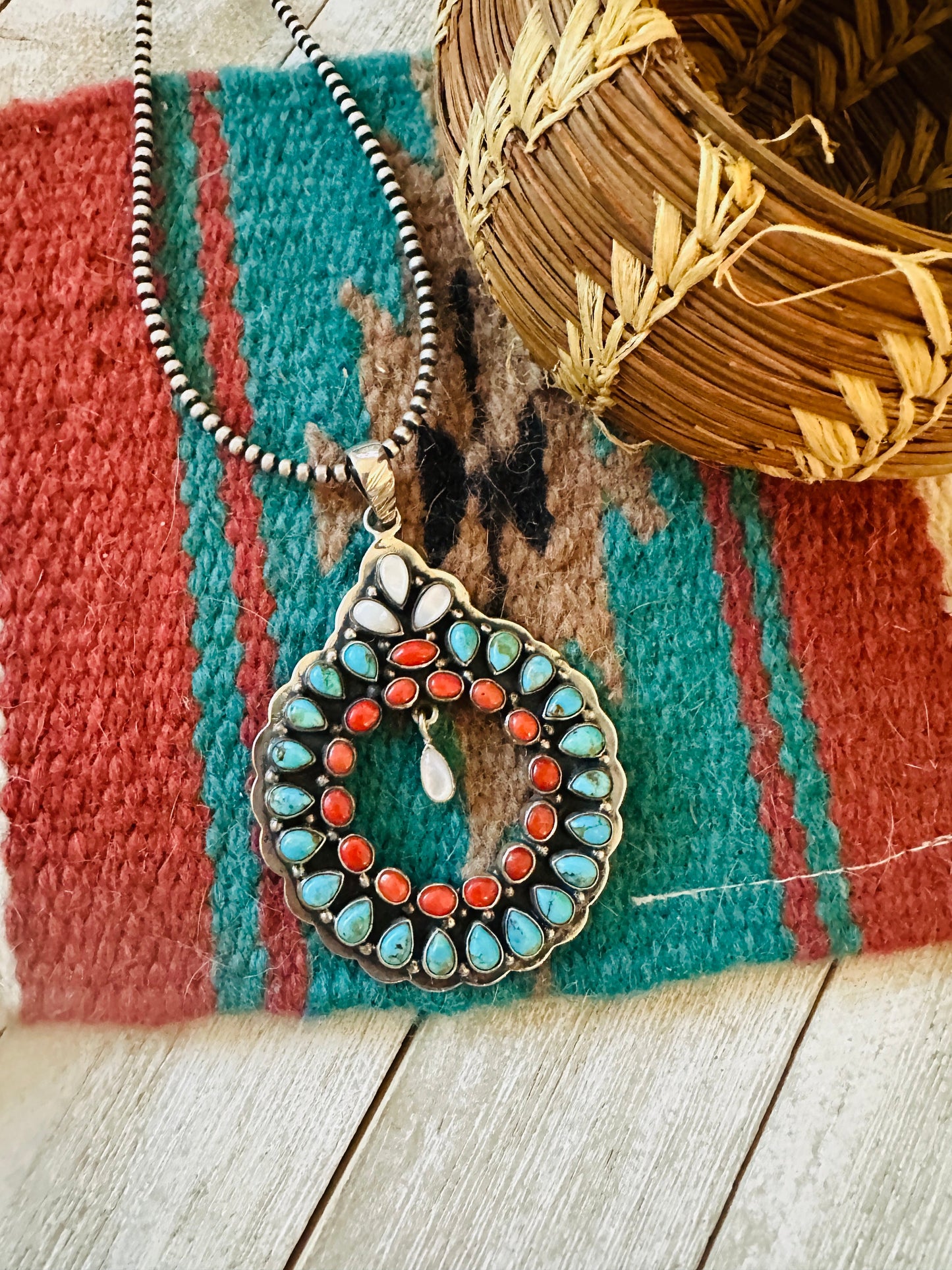 ** Christmas Collection ** Handmade Sterling Silver, Turquoise & Coral Wreath Pendant Signed Nizhoni
