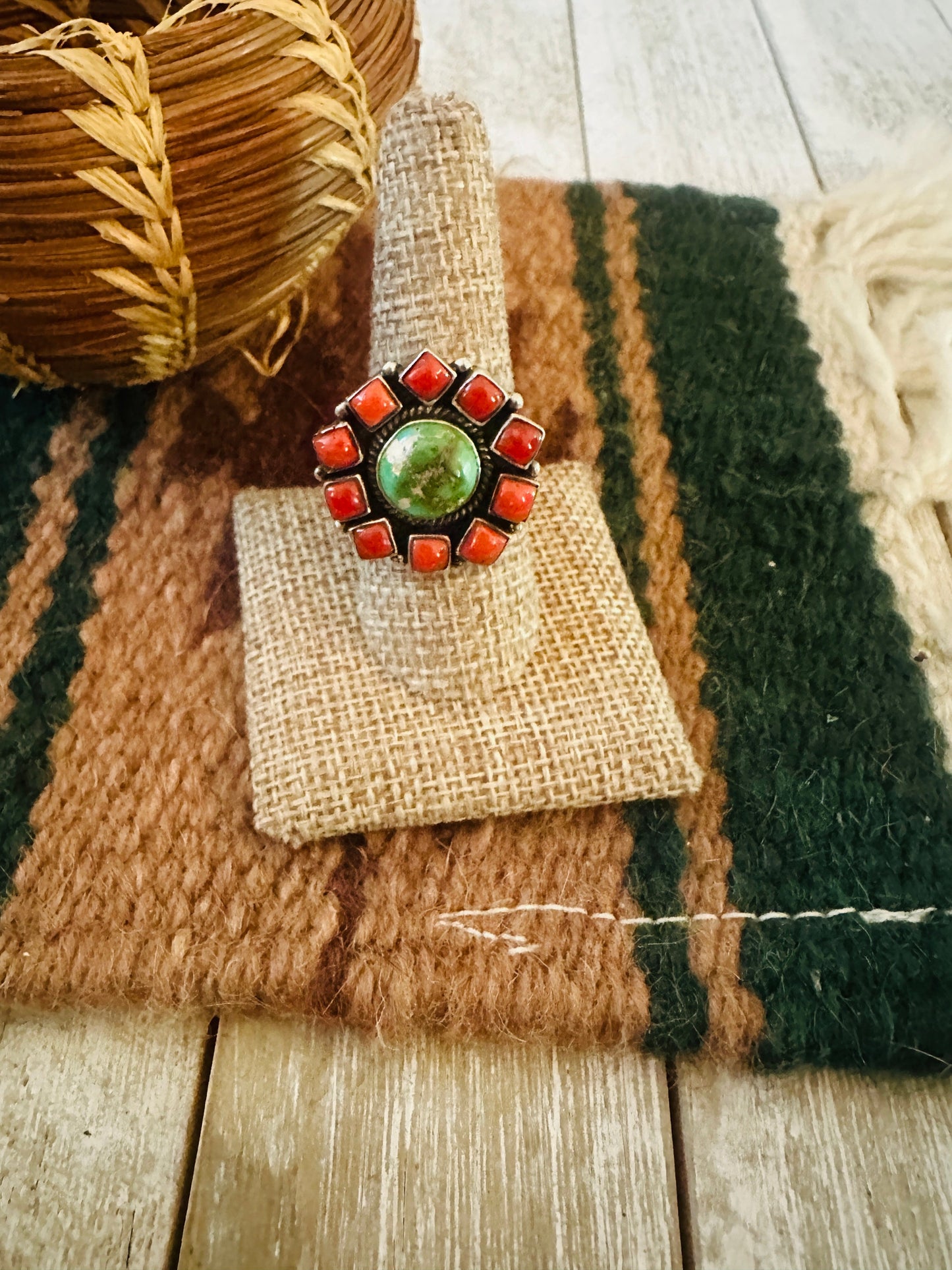 ** Christmas Collection ** Handmade Sterling Silver, Turquoise & Coral Adjustable Ring Signed Nizhoni