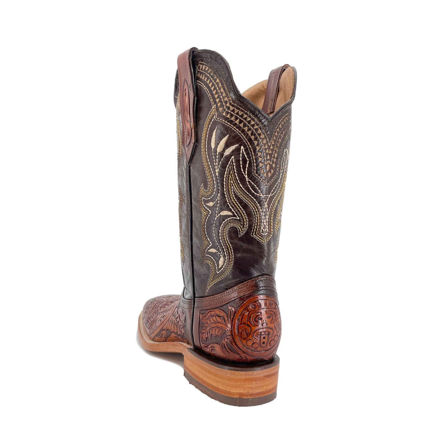 Men's Bulldog Hand Tooled Boots - Aztec Calendar Bitone
