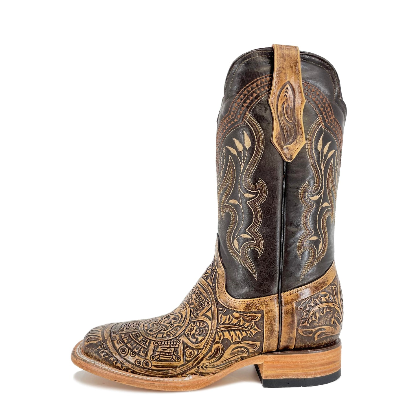 Men's Bulldog Hand Tooled Boots- Aztec Calendar Rustic