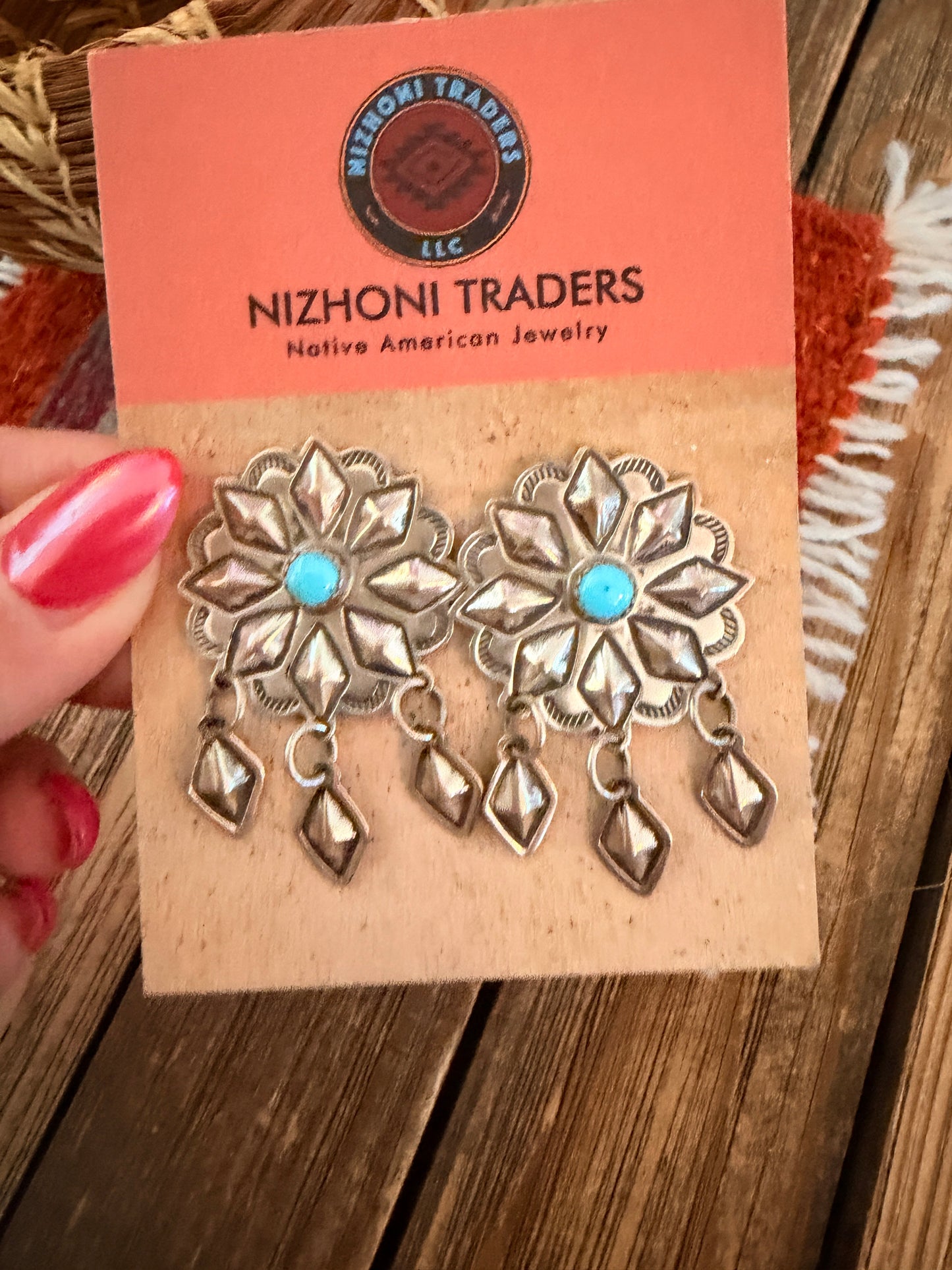 Handcrafted Old Pawn Turquoise and Sterling Silver Concho Dangle Earrings