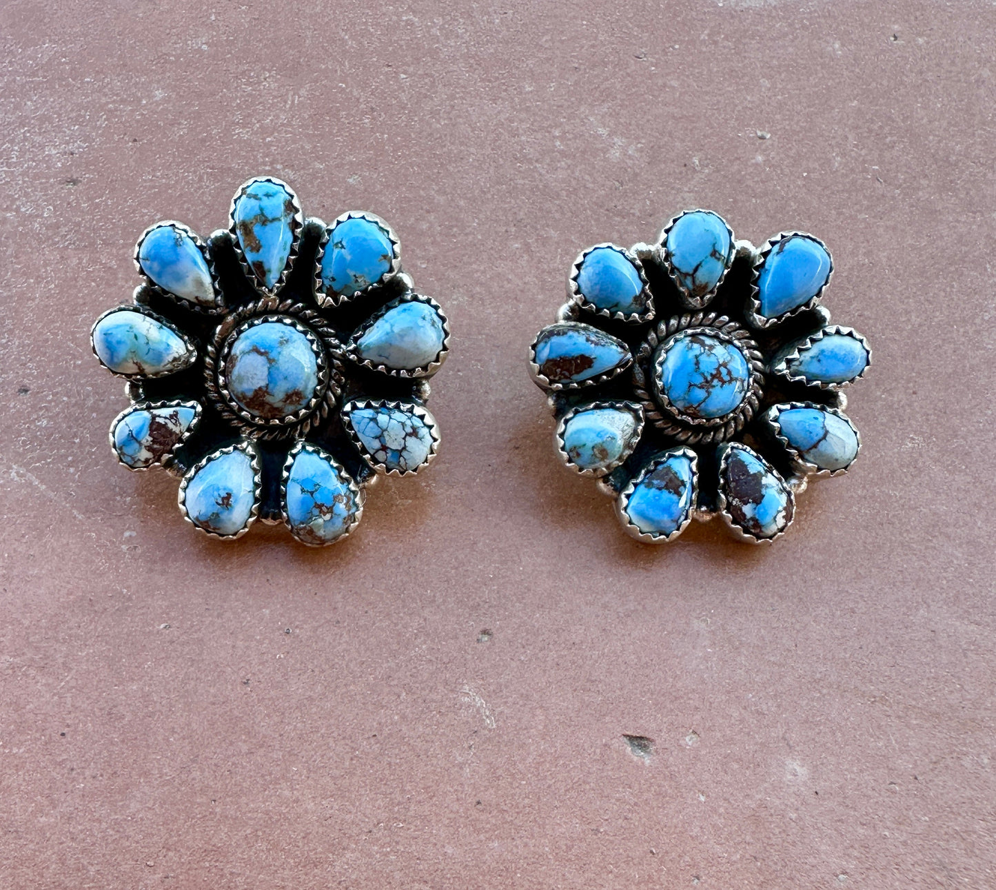 Handmade Golden Hills Turquoise & Sterling Silver Cluster Post Earrings 9 stone