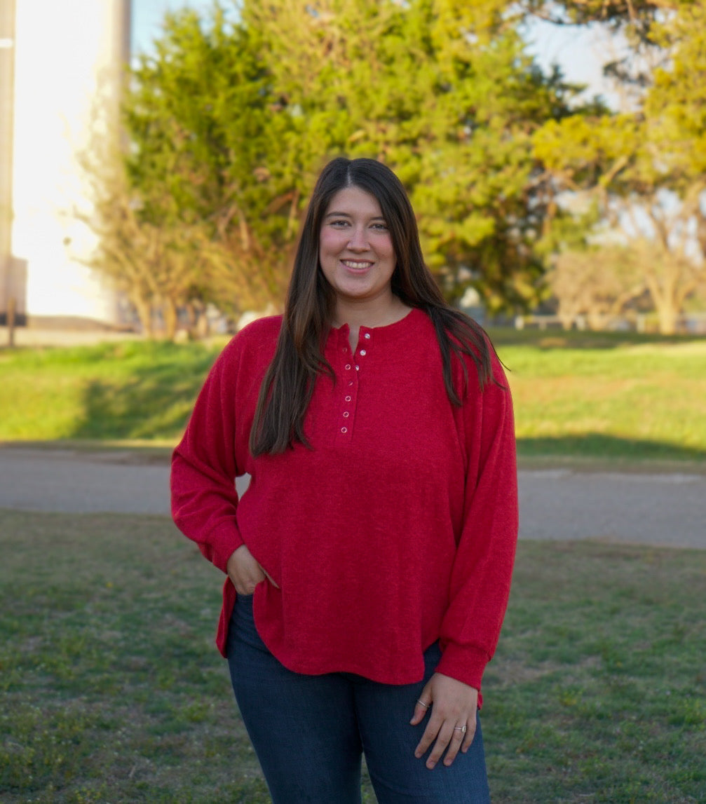 Dark Red - Plus Size - Melange Oversized 7 Button Top