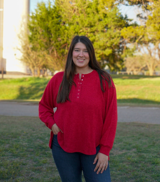 Dark Red - Plus Size - Melange Oversized 7 Button Top