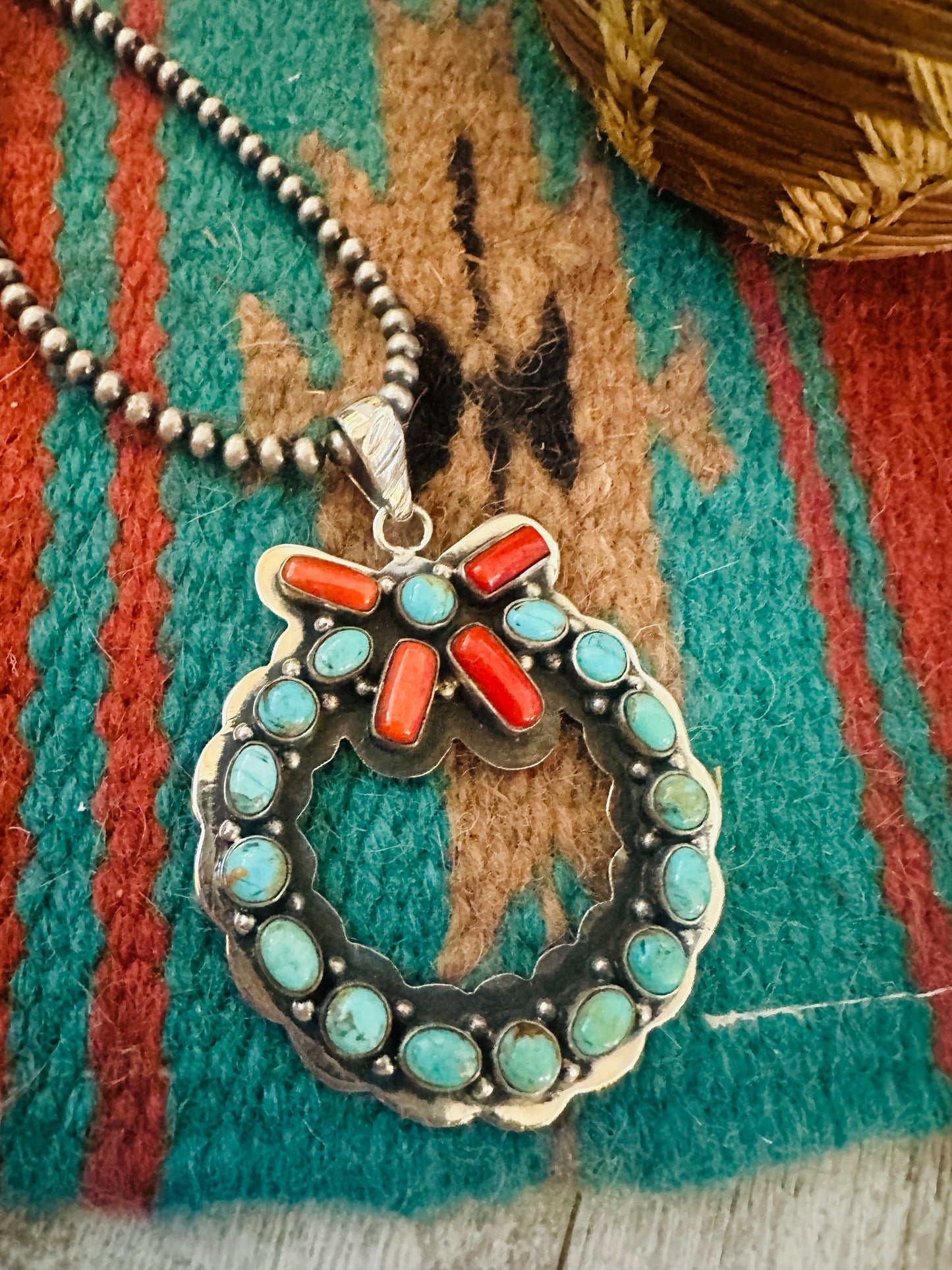 ** Christmas Collection ** Handmade Sterling Silver, Turquoise & Coral Wreath Pendant Signed Nizhoni