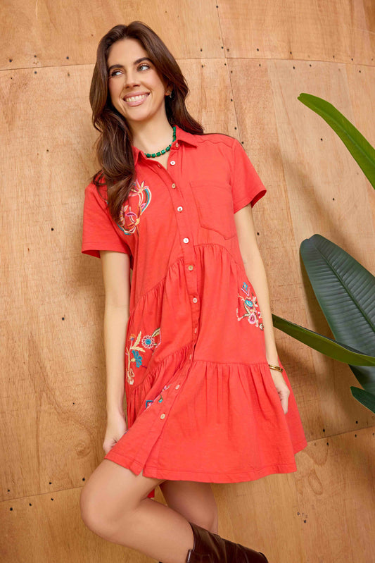 Bohera Sunweave Embroidered Button-Front Tiered Midi Dress in Canyon Ember