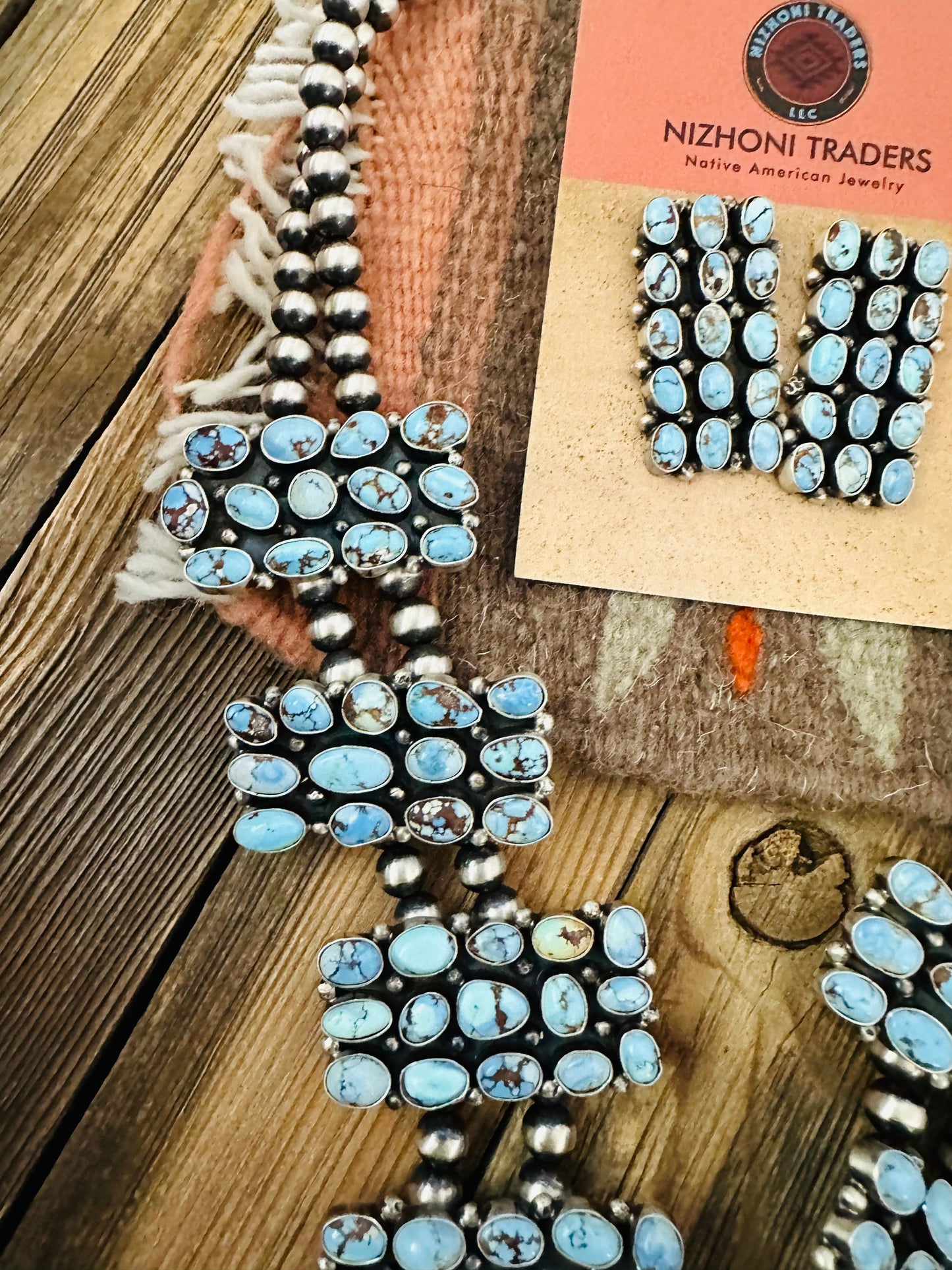 Handcrafted Golden Hills Turquoise & Sterling Silver Squash Blossom Necklace Set by B. Yellowhorse