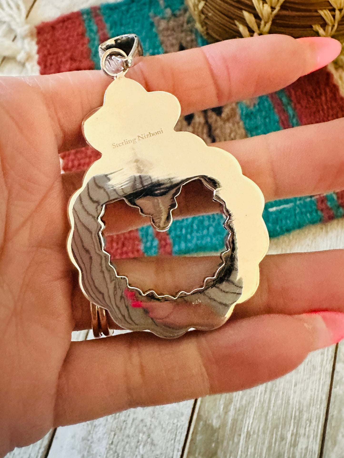 ** Christmas Collection ** Handmade Sterling Silver, Turquoise & Coral Wreath Pendant Signed Nizhoni