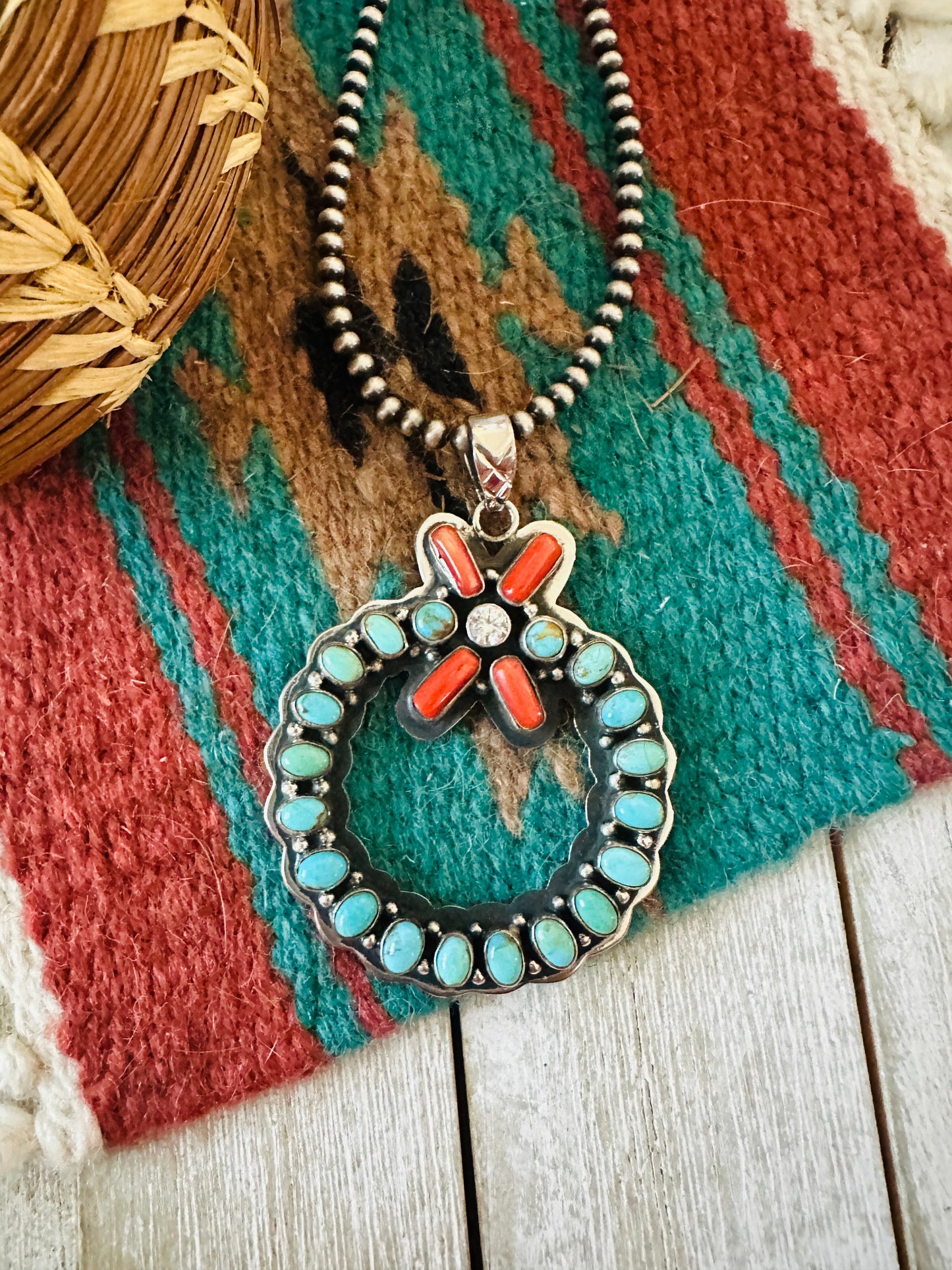 ** Christmas Collection ** Handmade Sterling Silver, Turquoise, Coral & CZ Wreath Pendant Signed Nizhoni