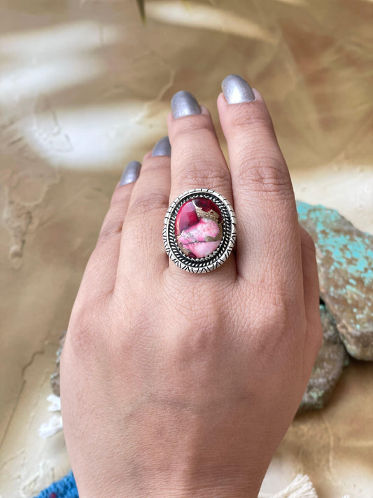 Beautiful Handmade Dahlia Rose And Sterling Silver Adjustable Oval Shape Ring