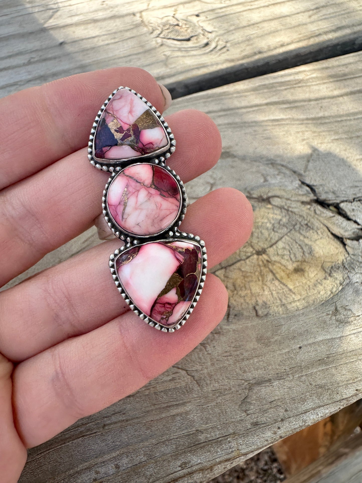 Beautiful Handmade Dahlia Rose And Sterling Silver Adjustable 3 Stone Ring