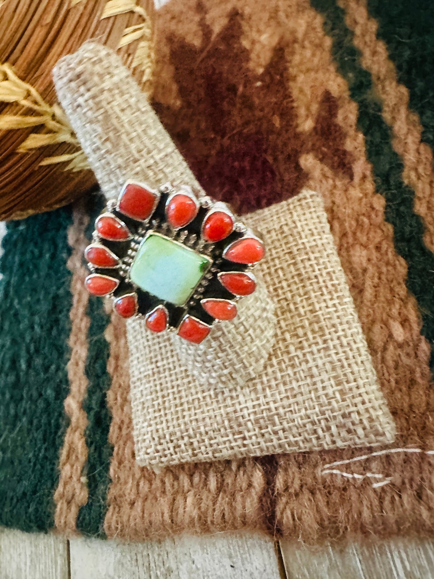 ** Christmas Collection ** Handmade Sterling Silver, Turquoise & Coral Adjustable Ring Signed Nizhoni