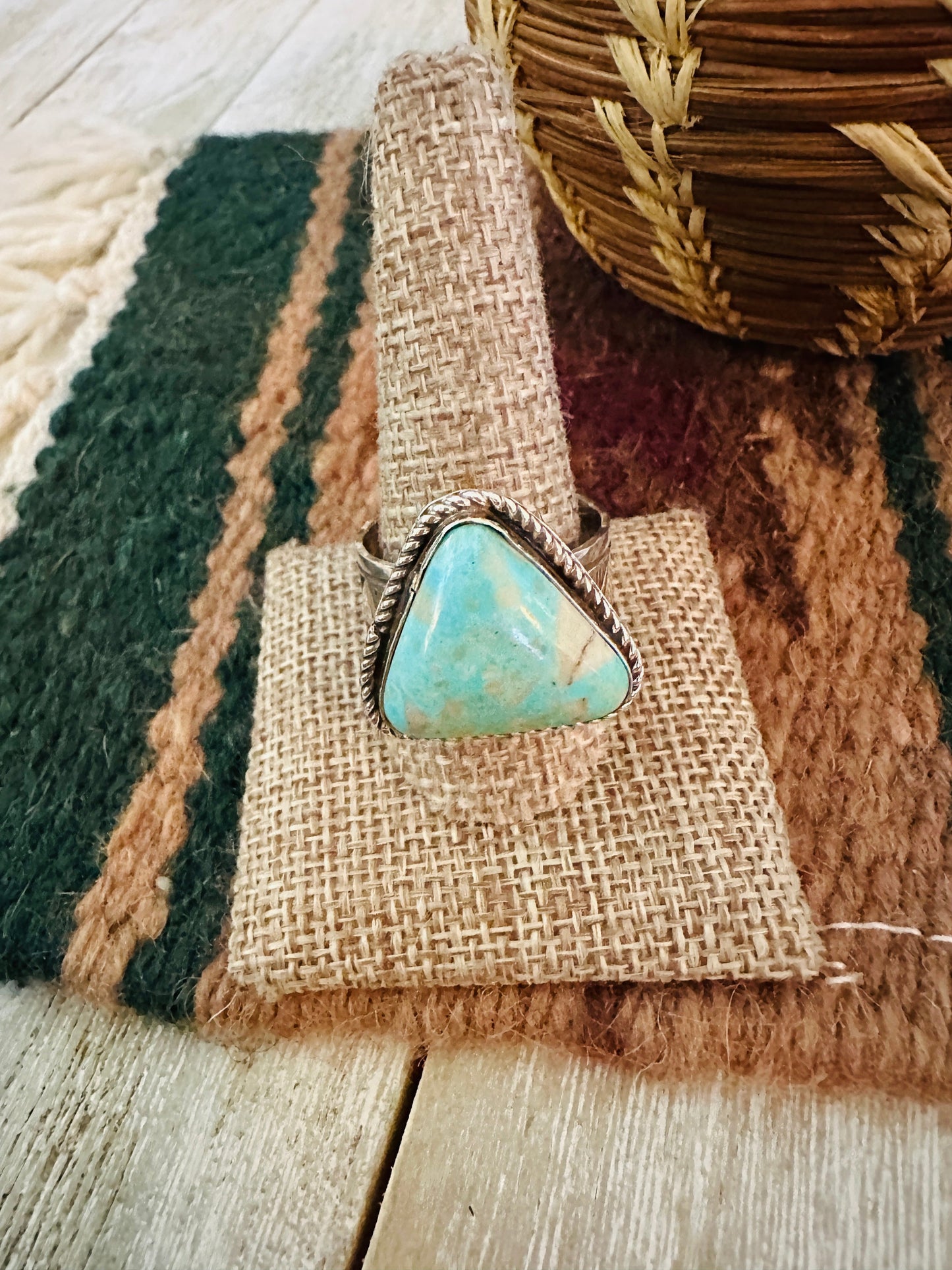 Old Pawn Handcrafted Turquoise & Sterling Silver Ring Size 13