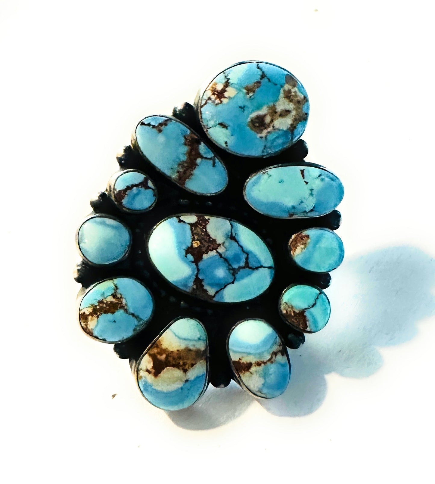 Handcrafted Golden Hills Turquoise & Sterling Silver Cluster Ring Size 7 by B. Yellowhorse