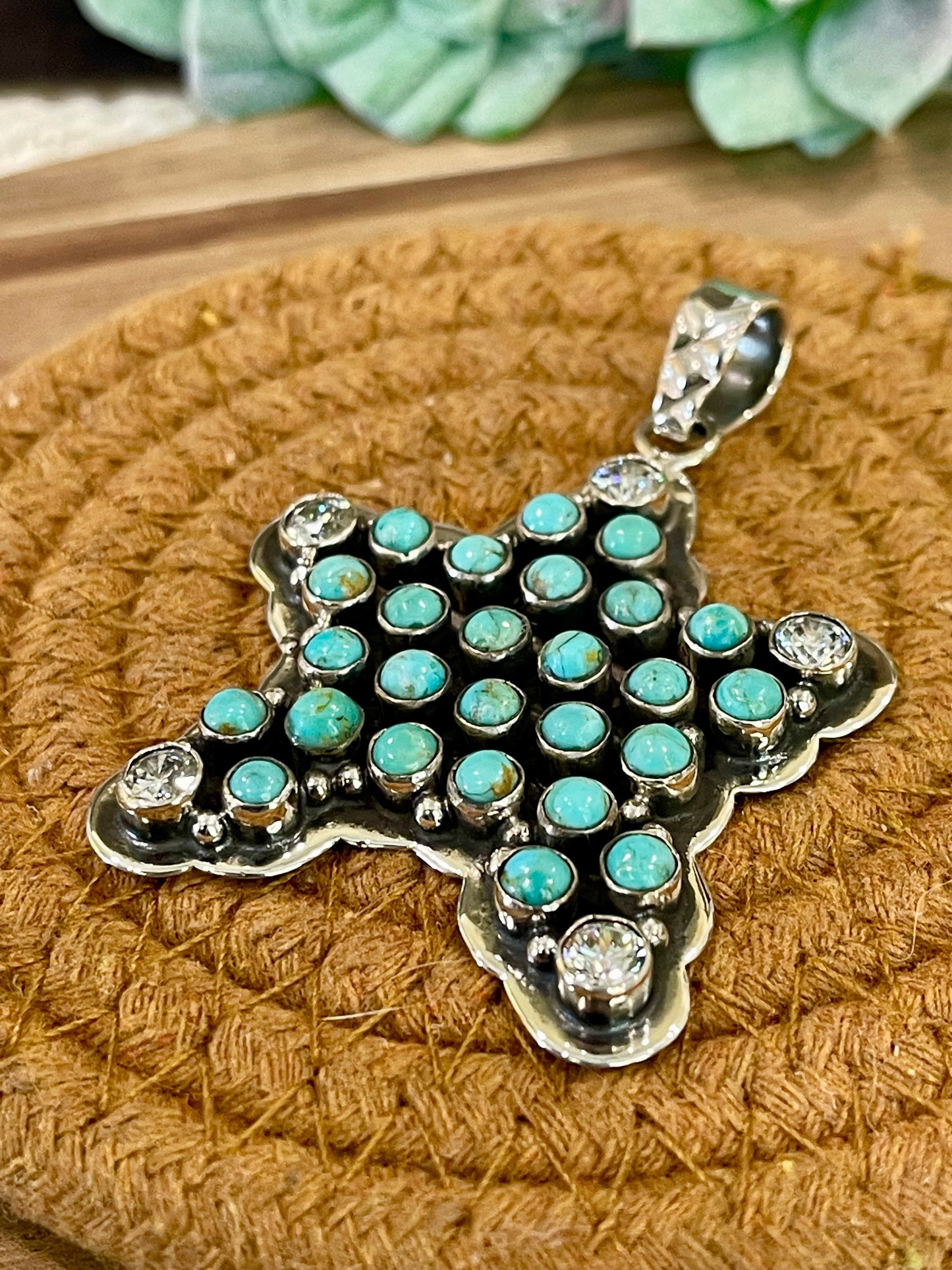 ** Christmas Collection ** Handmade Sterling Silver, Turquoise & CZ Star Pendant Signed Nizhoni