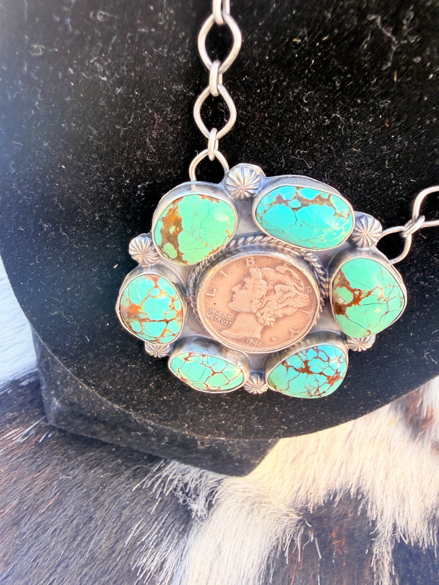 Handcrafted Number 8 Turquoise & Sterling Silver Liberty Dime Necklace by Sheila Tso