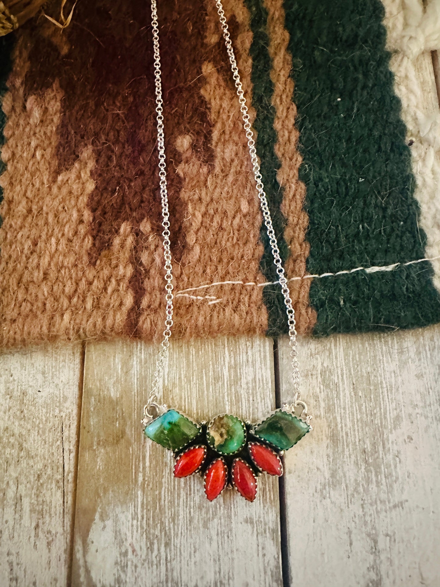 ** Christmas Collection ** Handmade Sterling Silver, Turquoise & Coral Necklace Signed Nizhoni