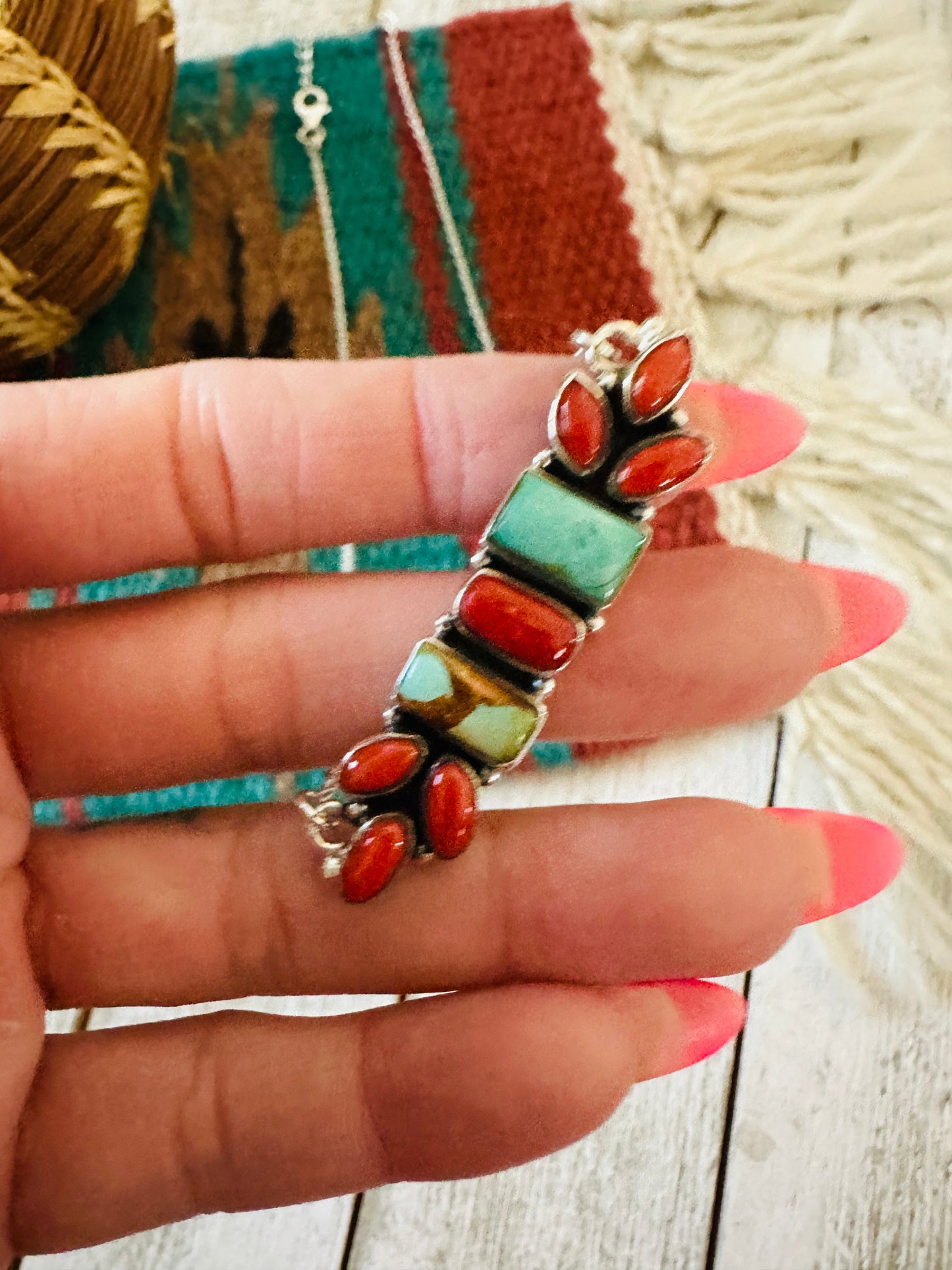 ** Christmas Collection ** Handmade Sterling Silver, Turquoise & Coral Necklace Signed Nizhoni