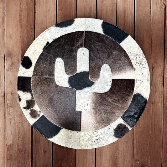 Cactus cowhide patchwork rug 3x3’