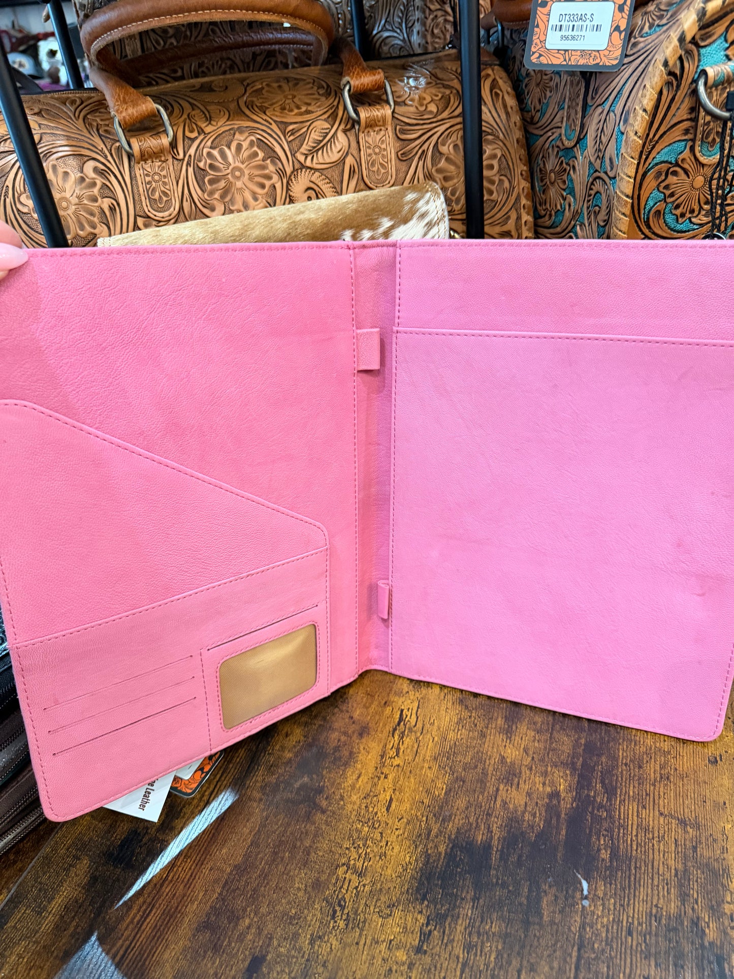 Genuine leather and hand tooled pink portfolio