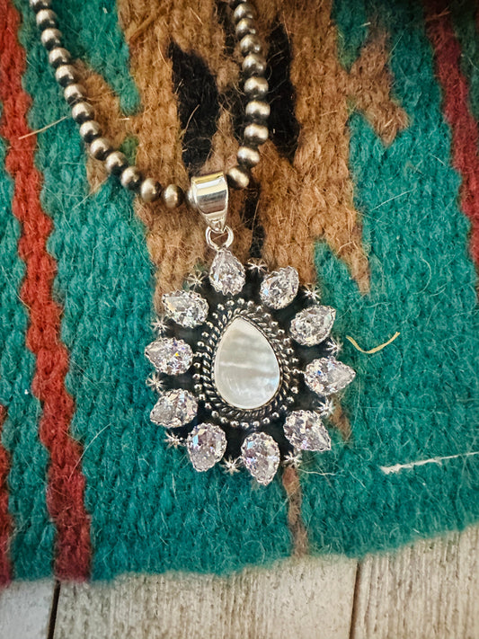 ** Christmas Collection ** Handmade Sterling Silver, Mother of Pearl & CZ Pendant Signed Nizhoni