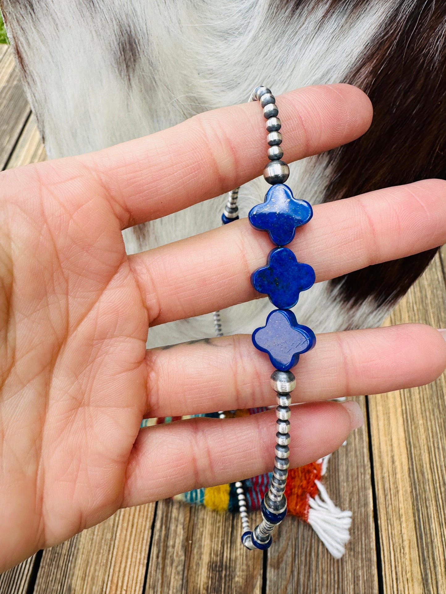 Handcrafted Lapis & Sterling Silver Pearl Cross Beaded Necklace