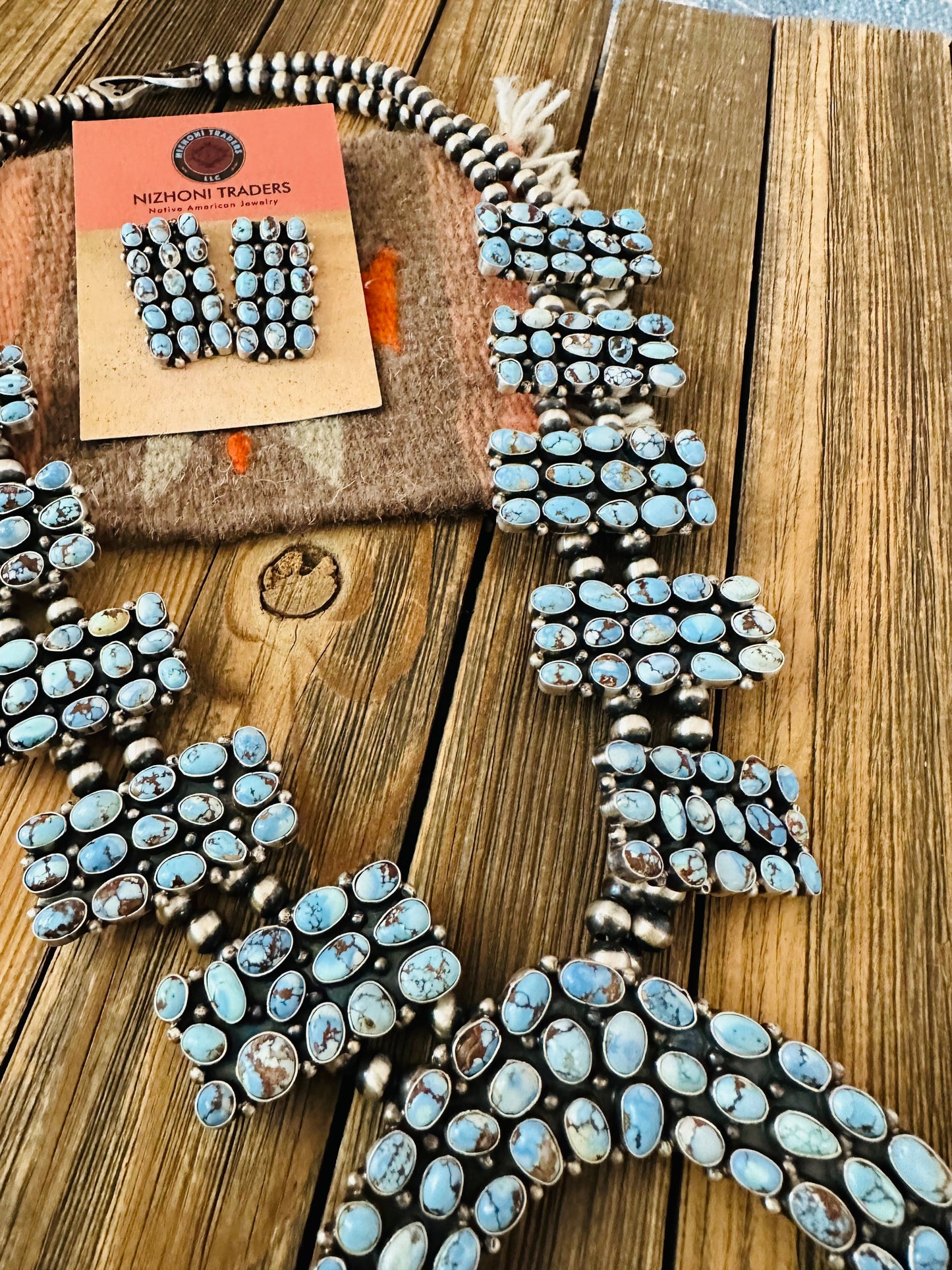 Handcrafted Golden Hills Turquoise & Sterling Silver Squash Blossom Necklace Set by B. Yellowhorse
