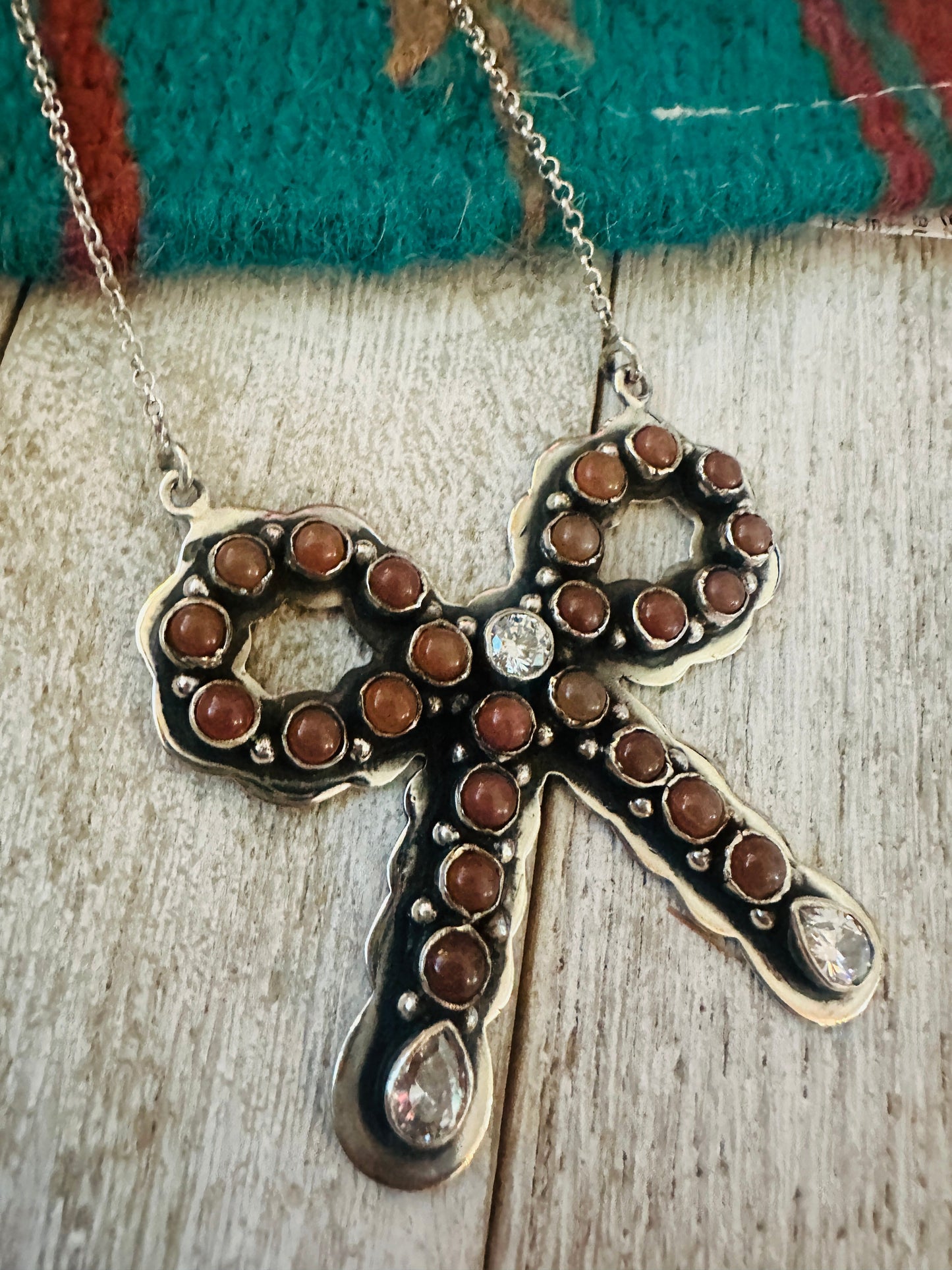 ** Christmas Collection ** Handmade Sterling Silver, Mother of Pearl & CZ Bow Necklace Signed Nizhoni