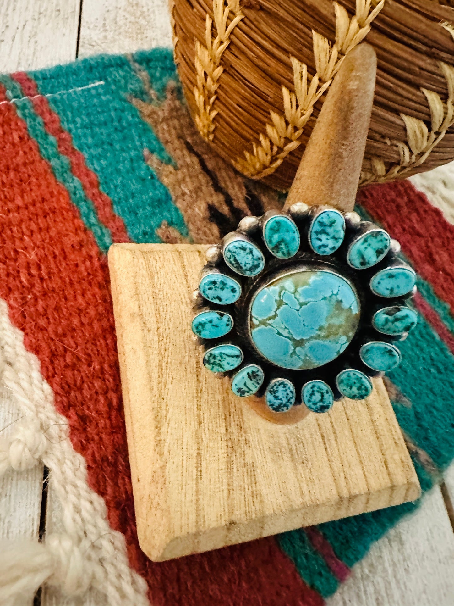 Handcrafted Turquoise & Sterling Silver Cluster Ring Size 7.25 by Blaine Yellowhorse