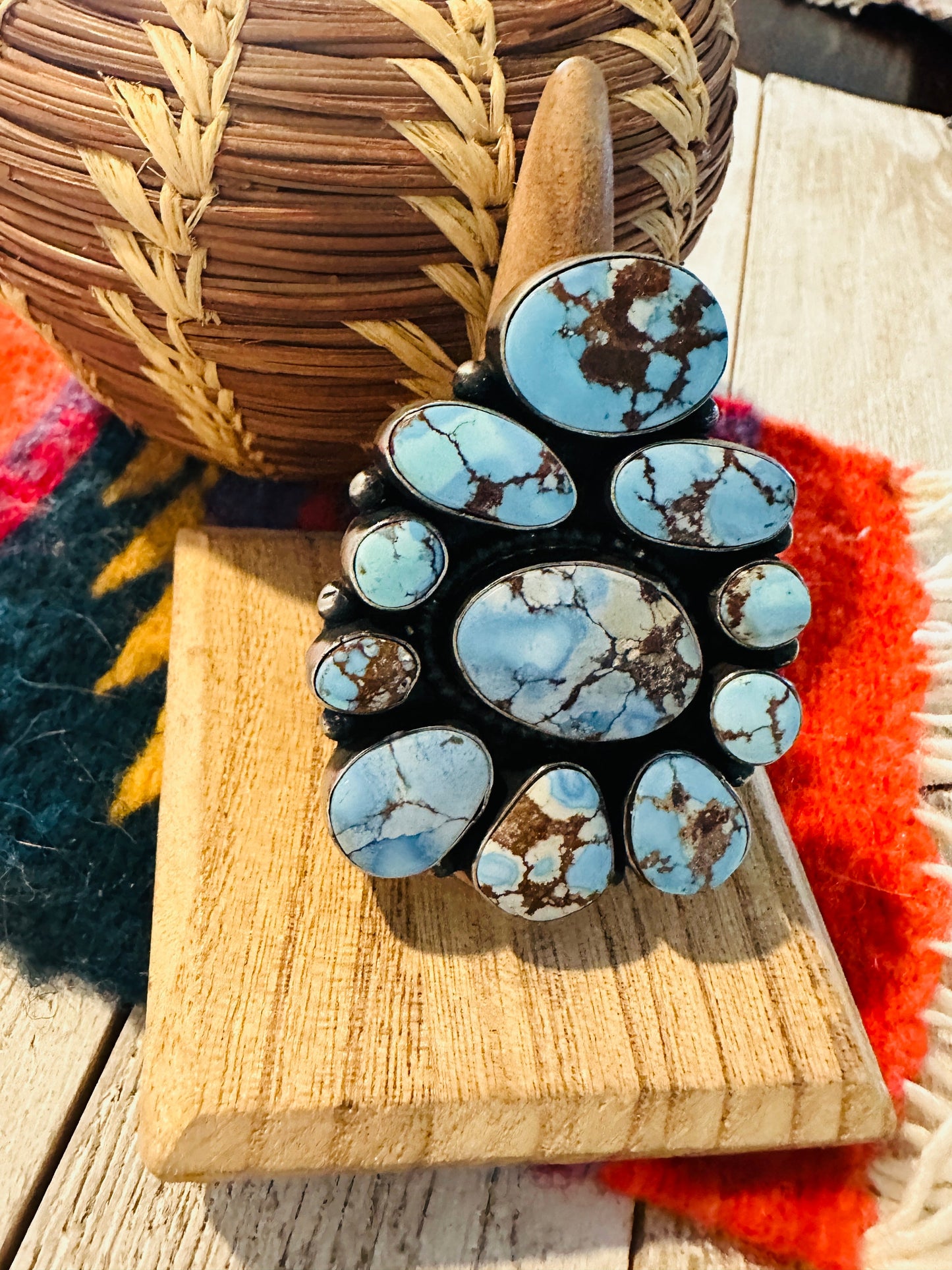 Handcrafted Golden Hills Turquoise & Sterling Silver Cluster Ring by Blaine Yellowhorse, Size 7